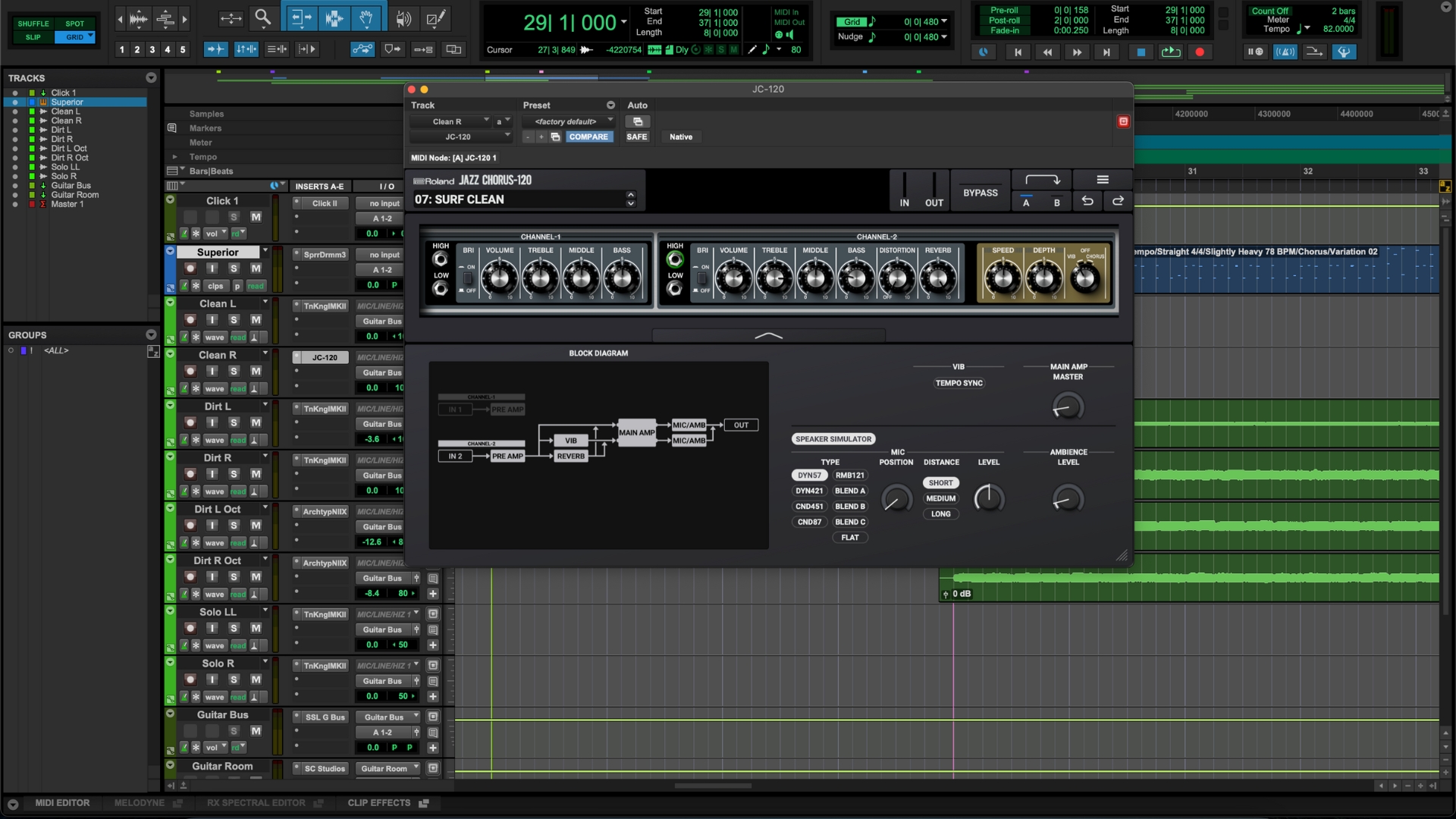 A screenshot of the Roland JC-120 Jazz Chorus plugin running in a Pro Tools session