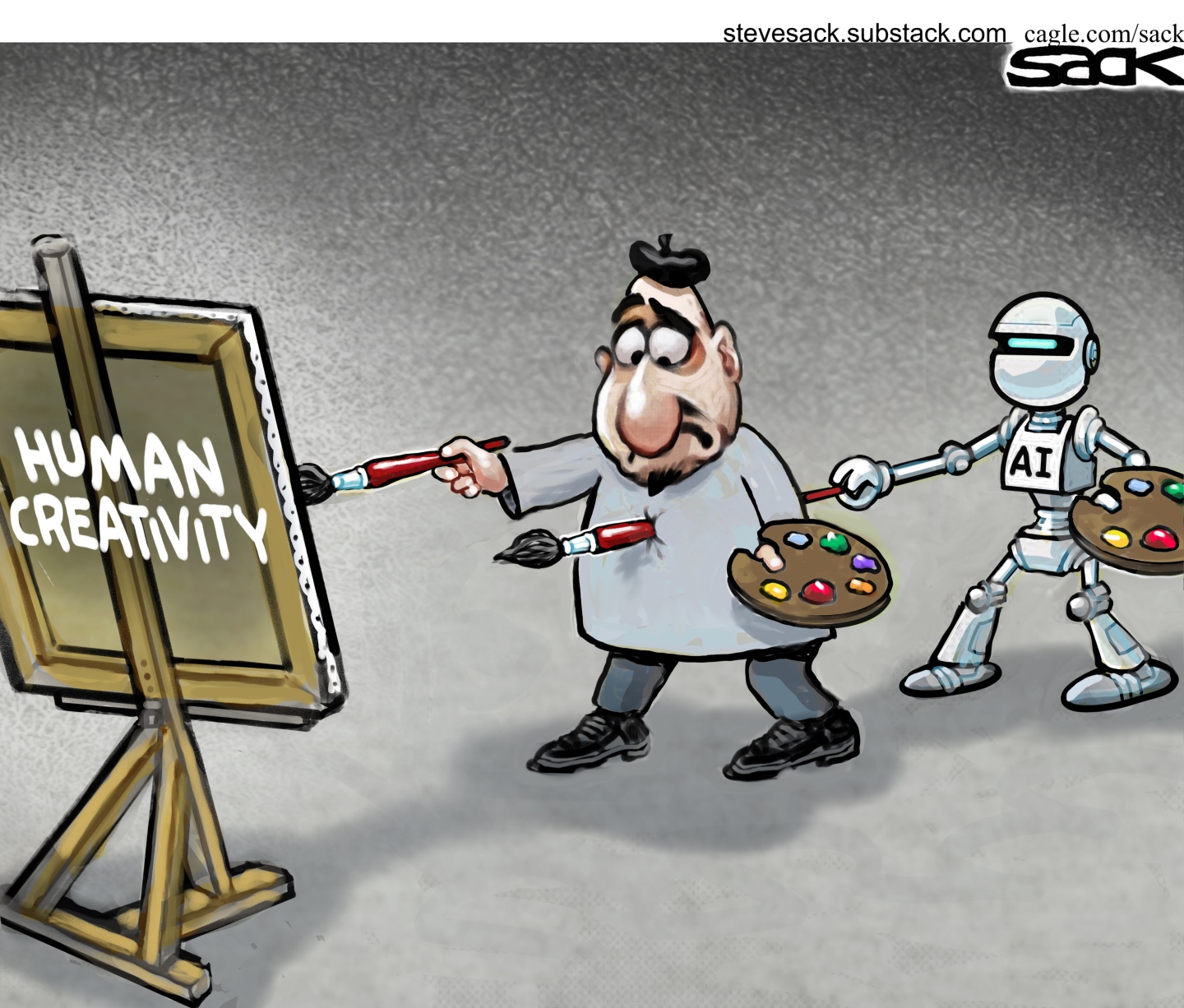 A male artist holds a paintbrush and paints on an easel labeled &amp;ldquo;Human Creativity&amp;rdquo;. Meanwhile, a robot named &amp;ldquo;AI&amp;rdquo; is behind him, also with an easel and a paintbrush. The robot stabs the artist through his midsection with its paintbrush.