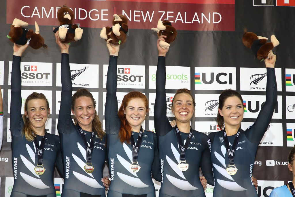The New Zealand women's team pursuit squad celebrate their win