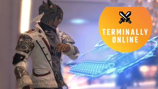 A miqo'te typing on a digital keyboard poses dramatically after delivering their chosen words in Final Fantasy 14.