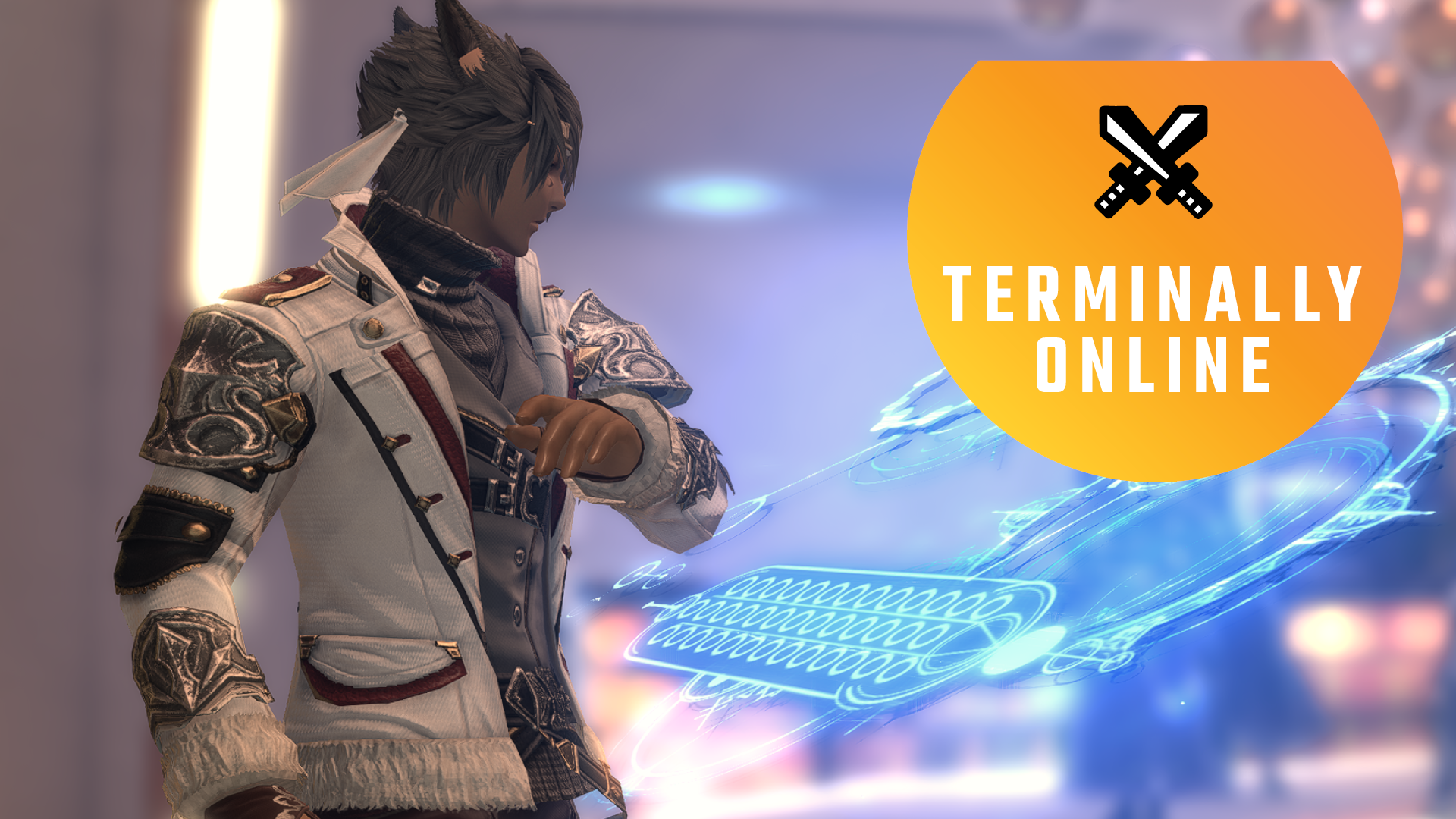 A miqo'te typing on a digital keyboard poses dramatically after delivering their chosen words in Final Fantasy 14.
