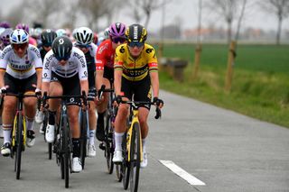 WEVELGEM BELGIUM MARCH 27 LR Pfeiffer Georgi of United Kingdom and Team DSM and Marianne Vos of Netherlands and Jumbo Visma Team during the 11th GentWevelgem In Flanders Fields 2022 Womens Elite a 159km one day race from Ypres to Wevelgem GWEwomen UCIWWT on March 27 2022 in Wevelgem Belgium Photo by Luc ClaessenGetty Images