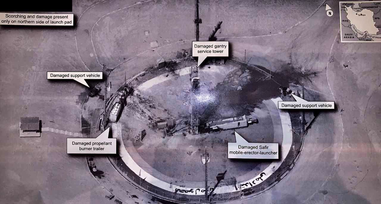 President Donald Trump used Twitter to release this image of Iran's rocket failure at the Khomeini Space Center on Aug. 29, 2019. Trump released the image, apparently a U.S. reconnaissance satellite view, on Aug. 30.