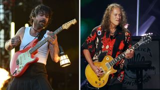Collage of Simon Neil (left) and Kirk Hammett (right) playing guitar