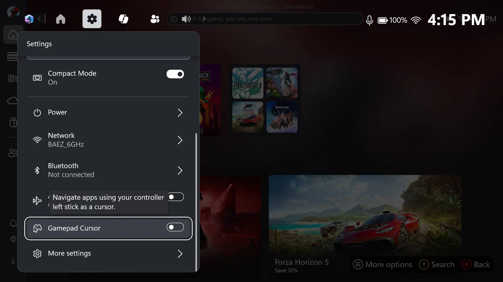 Screenshot of ROG Xbox Ally Game Bar with settings menu open and "Gamebar Cursor" toggle highlighted.