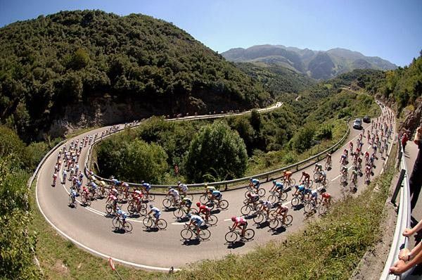 The peloton streams around a switchback