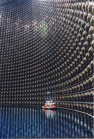 The Super Kamiokande neutrino detector in Japan is a cylindrical stainless steel tank that holds 50,000 tons of ultra-pure water.
