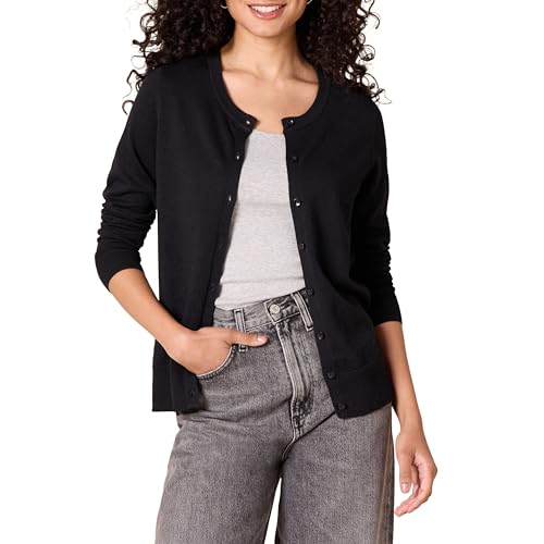 Amazon Essentials Women's Lightweight Crewneck Cardigan Sweater (available in Plus Size), Black, X-Large