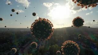 Giant Apocalyptic COVID-19 Coronavirus Molecules Flying Over Society.