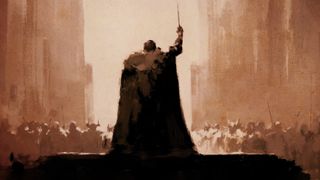 Diablo 5 concept art showing a figure standing on an elevated platform and raising a sword in the air as they face a crowd in the background