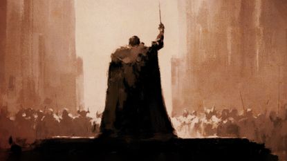 Diablo 5 concept art showing a figure standing on an elevated platform and raising a sword in the air as they face a crowd in the background