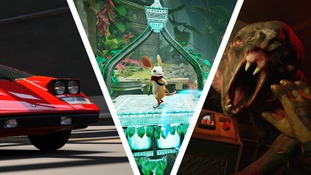 A red sports car, a small mouse, and a growling monster side by side