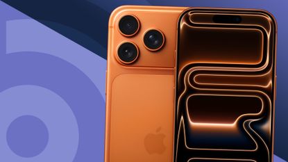 Apple iPhone 17 in Cosmic Orange showing front and back on top of purple TechRadar logo background