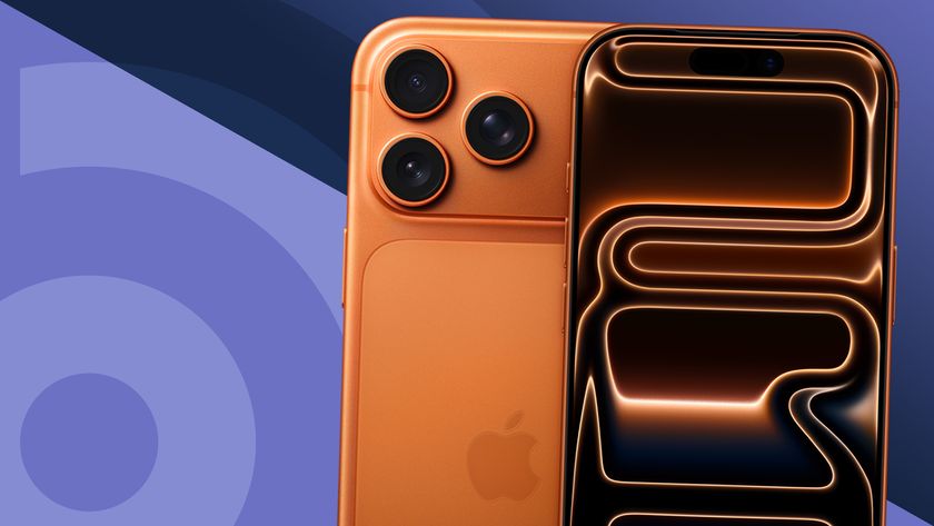 Apple iPhone 17 in Cosmic Orange showing front and back on top of purple TechRadar logo background