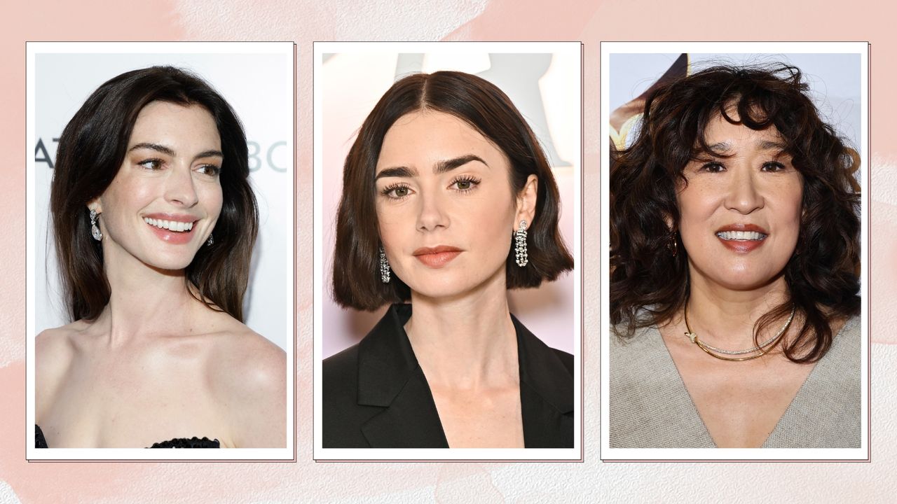 On the left, Anne Hathaway is pictured with dark brunette hair at the 2024 National Board of Review Gala at Cipriani 42nd Street on January 11, 2024 in New York City, alongside a picture of Lily Collins with a dark, &#039;Monobrown&#039; style brunette bob at the &quot;Emily In Paris&quot; Netflix Photocall at La Samaritaine on September 12, 2024 in Paris, France. And finally, on the right, Sandra Oh is seen with dark brown curls at the 2024 Writers Guild Awards at Edison Ballroom on April 14, 2024 in New York City in a pink watercolour paint-style template