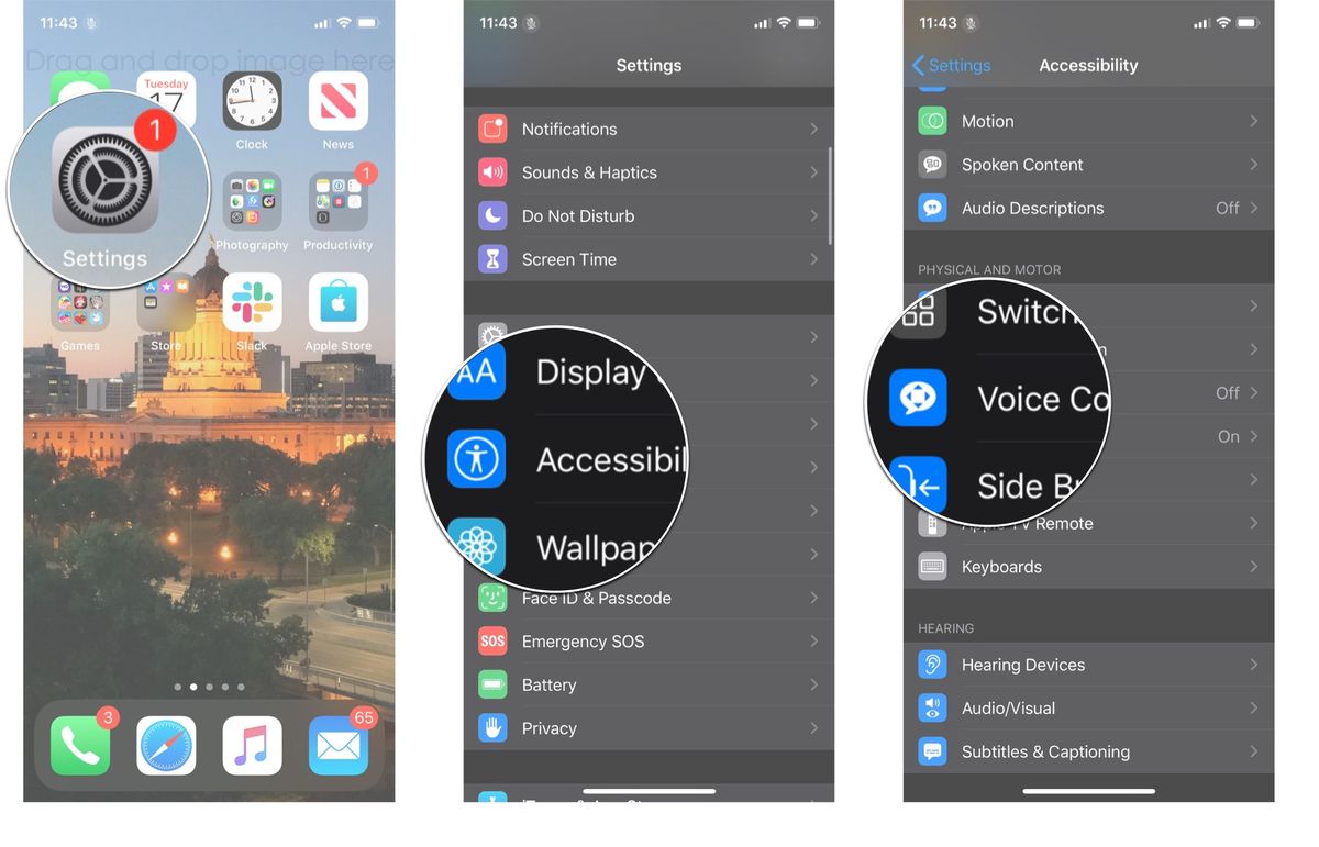 Voice Control menu: Launch Settings, tap Acessibility, and then tap Voice Control.