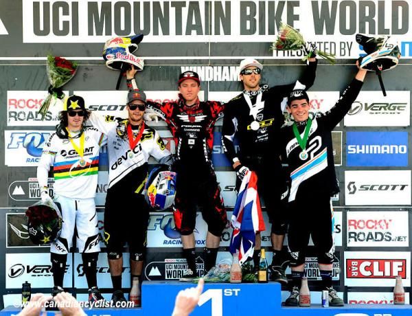 Windham Downhill World Cup Podium: Danny Hart, Steve Smith, Aaron Gwin, Gee Atherton, Loic Bruni