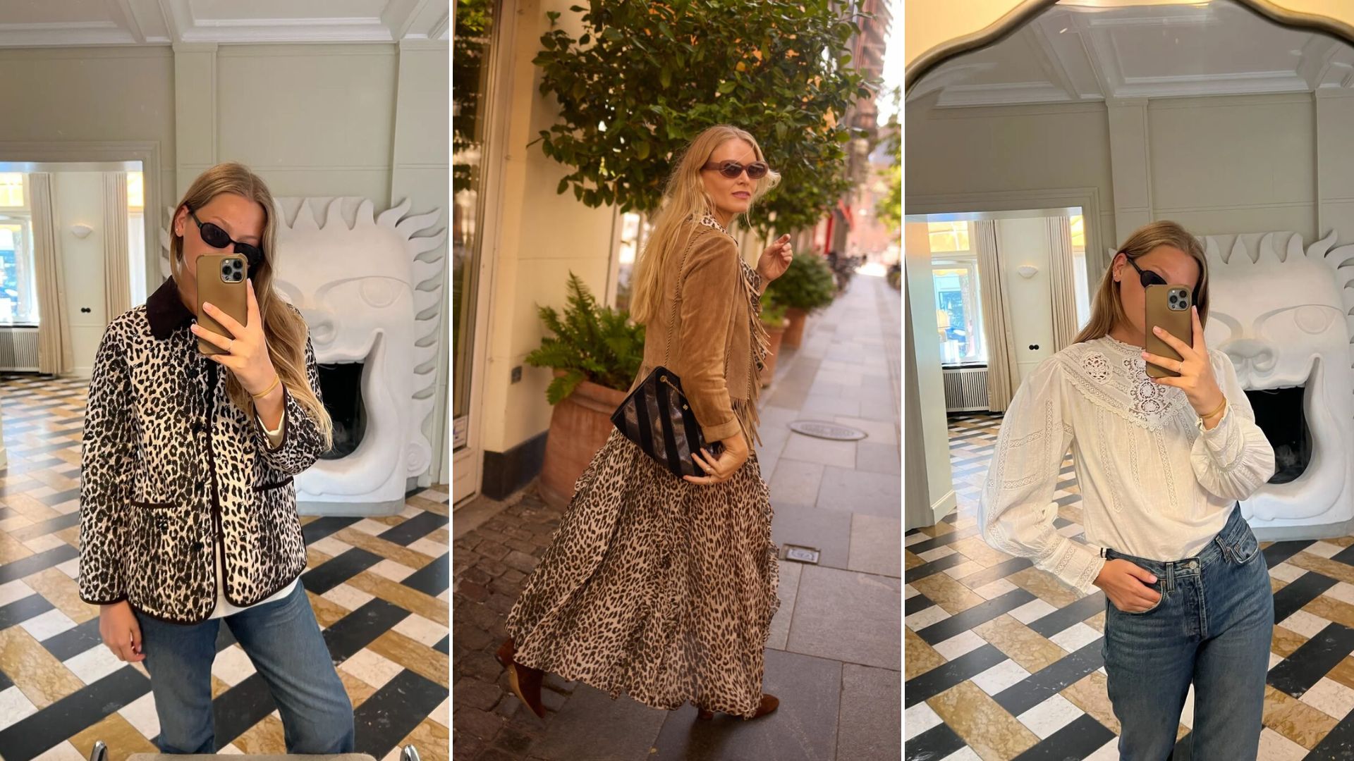 Three women wearing the new Rixo autumn collection 