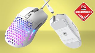 A Glorious Model O and Razer Viper V4 Pro gaming mouse on a yellow background, with a PC Gamer Recommended sticker in the top right.