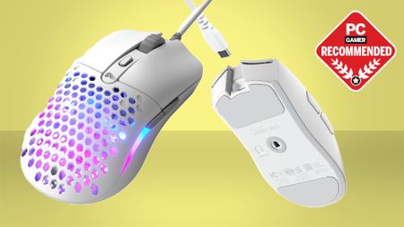 A Glorious Model O and Razer Viper V4 Pro gaming mouse on a yellow background, with a PC Gamer Recommended sticker in the top right.