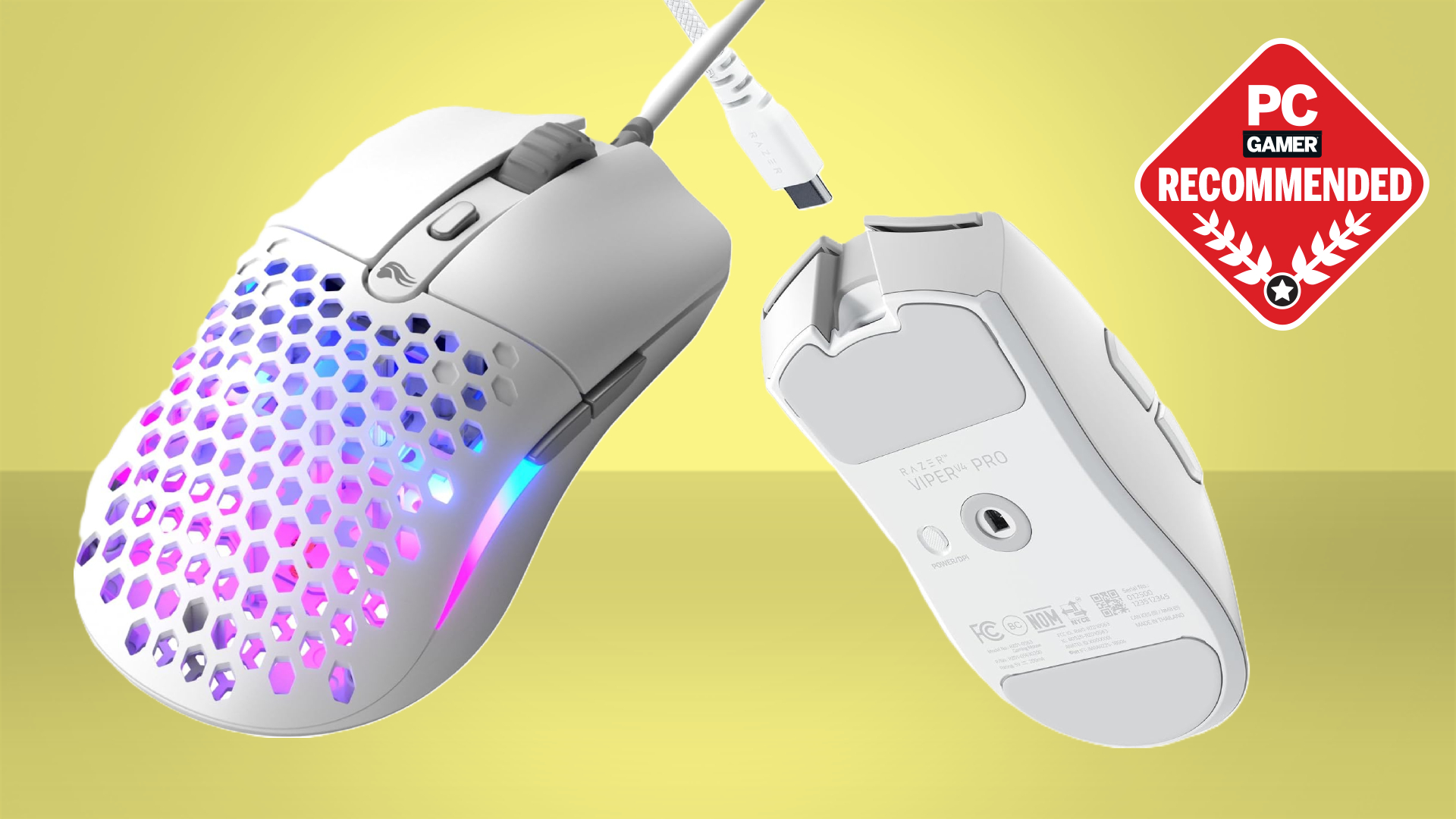 A Glorious Model O and Razer Viper V4 Pro gaming mouse on a yellow background, with a PC Gamer Recommended sticker in the top right.