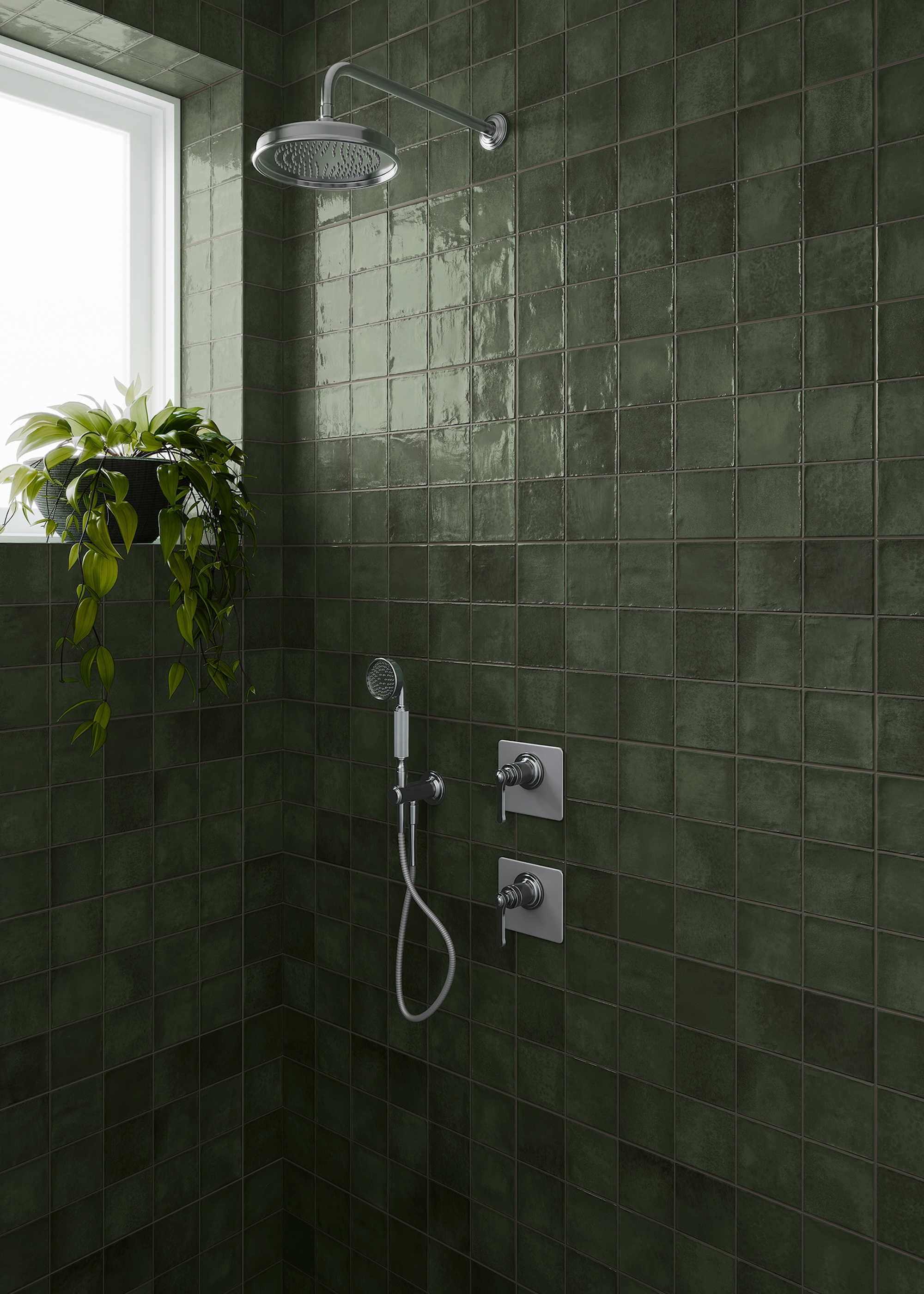 Dakota Ivy glazed porcelain tiles shown on shower walls have a zellige-style look