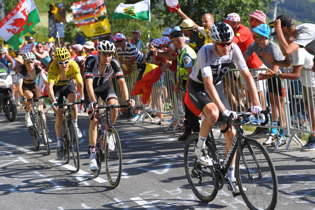 Chris Froome (Team Sky) leads on the Alpe d'Huez