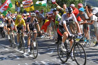 Chris Froome (Team Sky) leads on the Alpe d'Huez