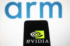 Nvidia logo on a smartphone underneath ARM logo