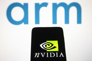 Nvidia logo on a smartphone underneath ARM logo