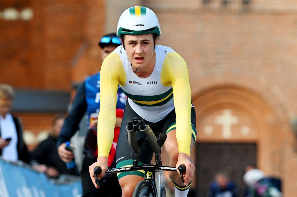 HERNING DENMARK AUGUST 26 Grace Brown of Australia and Team FDJSuez sprints during the 9th Tour of Scandinavia 2023 Battle Of The North Stage 4 a 165km individual time trial stage from Herning to Herning UCIWWT on August 26 2023 in Herning Denmark Photo by Luc ClaessenGetty Images