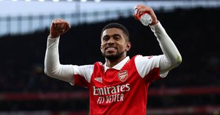Arsenal star Reiss Nelson celebrates victory following the Premier League match between Arsenal FC and AFC Bournemouth at Emirates Stadium on March 04, 2023 in London, England.