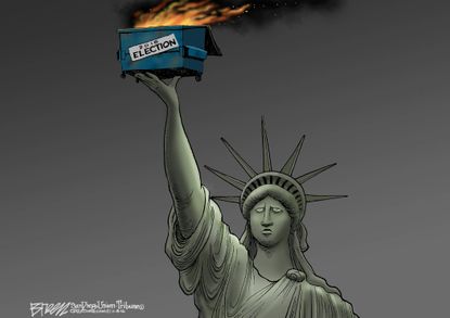 Political cartoon U.S. 2016 election Hillary Clinton Donald Trump garbage fire