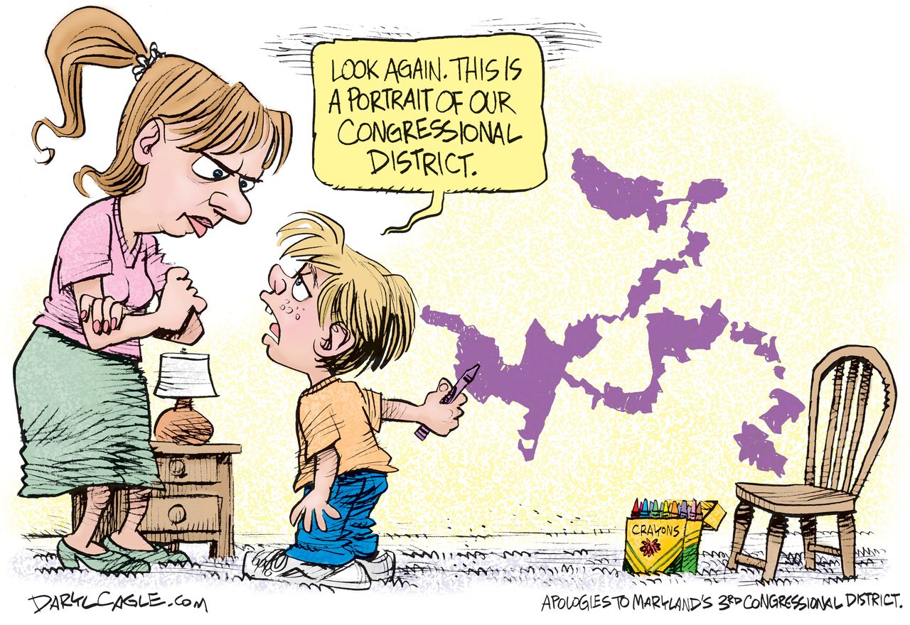 Political Cartoon U.S. Gerrymandering Congressional voting district mess Maryland