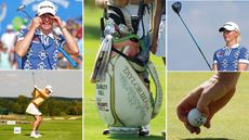 A close up of Charley Hull's golf bag, with numerous phots around it