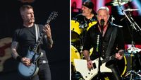 Left - Guitarist Bill Kelliher of Mastodon performs on stage during the Hellfest Open Air Festival on June 17, 2022 in Clisson, France;Right - Lars Ulrich and James Hetfield of the band Metallica perform at the 2024 Library of Congress Gershwin Prize for Popular Song on March 20, 2024 at DAR Constitution Hall in Washington, DC