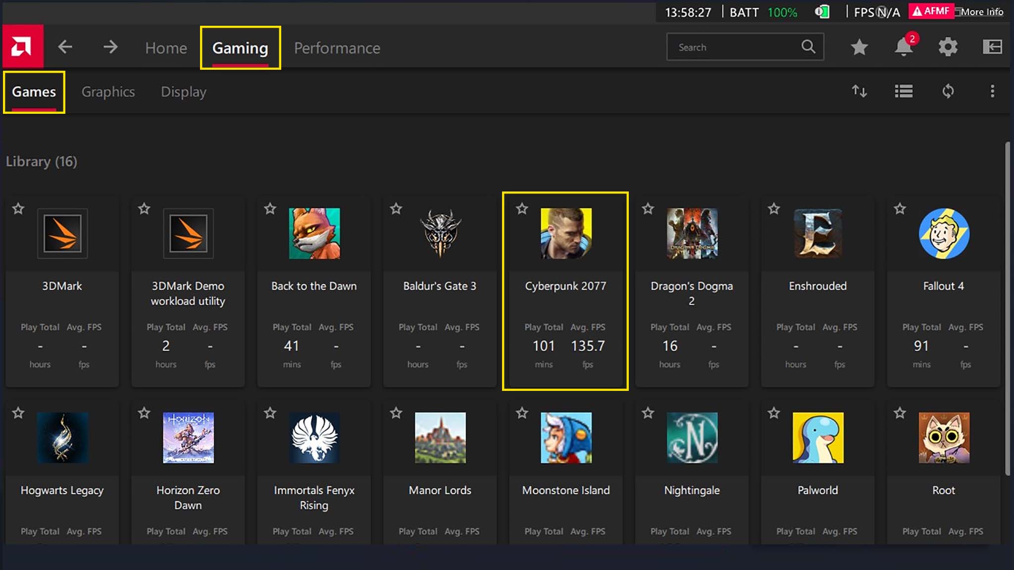 ROG Ally AFMF settings: Select game in AMD Software.