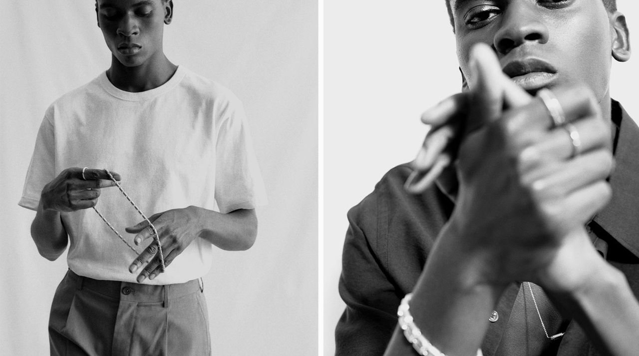 Two black and white images of man holding a silver chain and wearing silver rings and bracelet