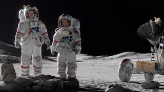 Ed Baldwin (Joel Kinnaman) and Ellen Waverly (Jodi Balfour) on the moon in For All Mankind.