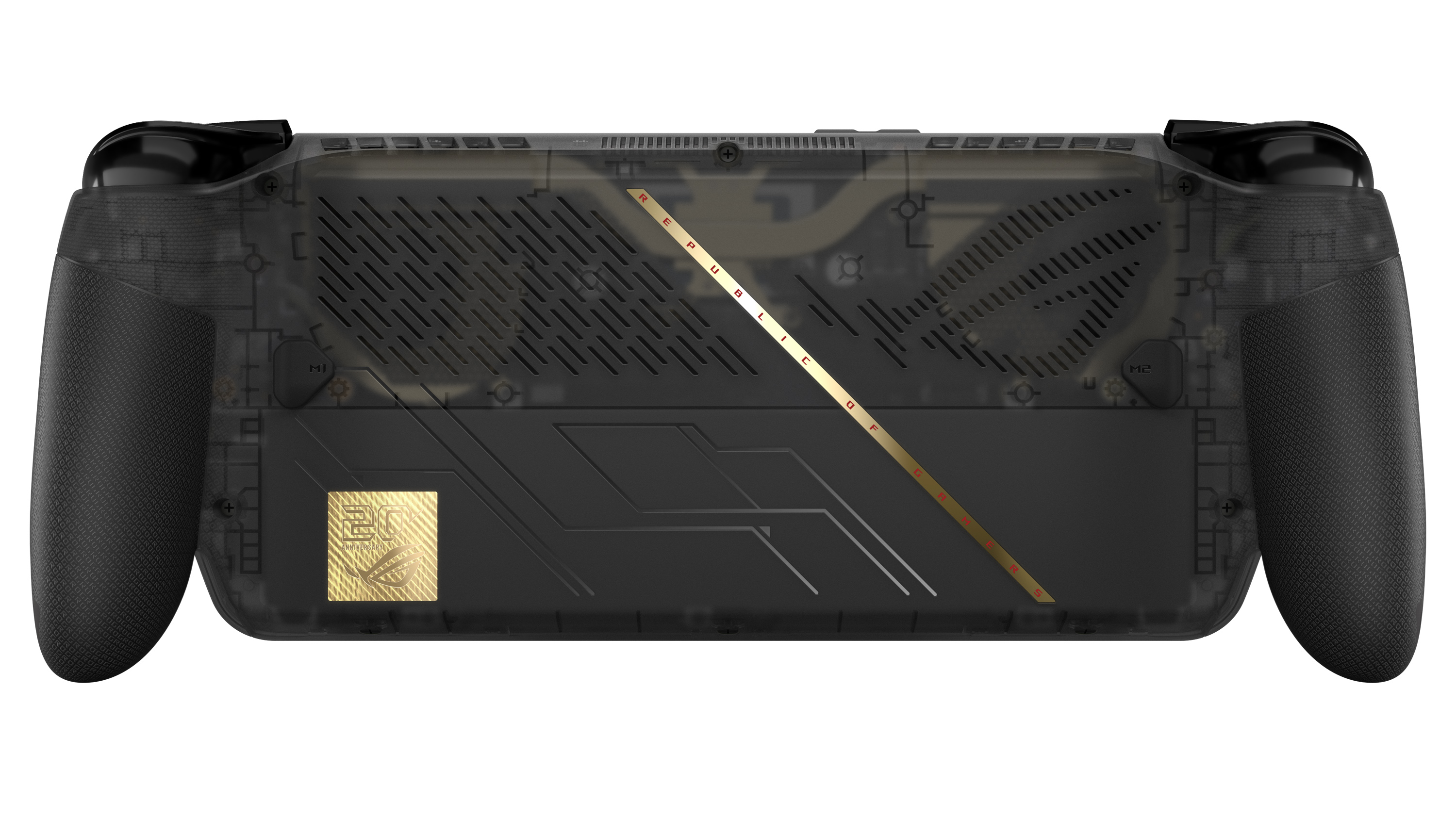 Back view of the translucent black ROG Xbox Ally X20 featuring textured hand grips, ventilation grilles, a gold diagonal stripe, and a 20th anniversary badge.