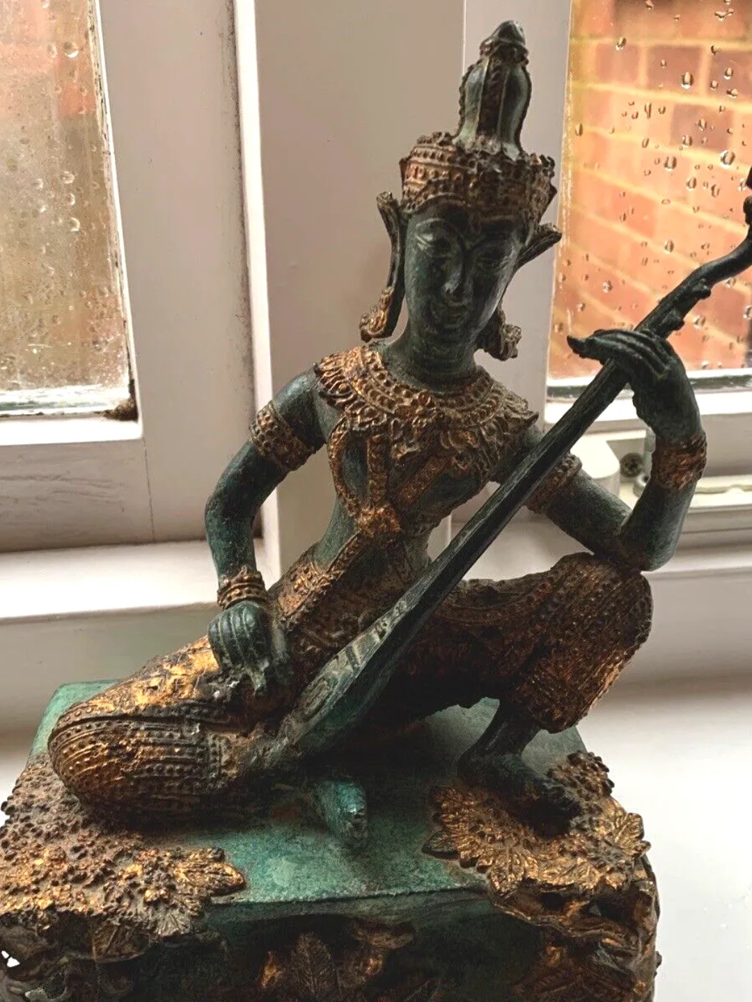 Vinterior, Antique Thai Prince Musician Gilded Bronze Statue Mandolin Music Player