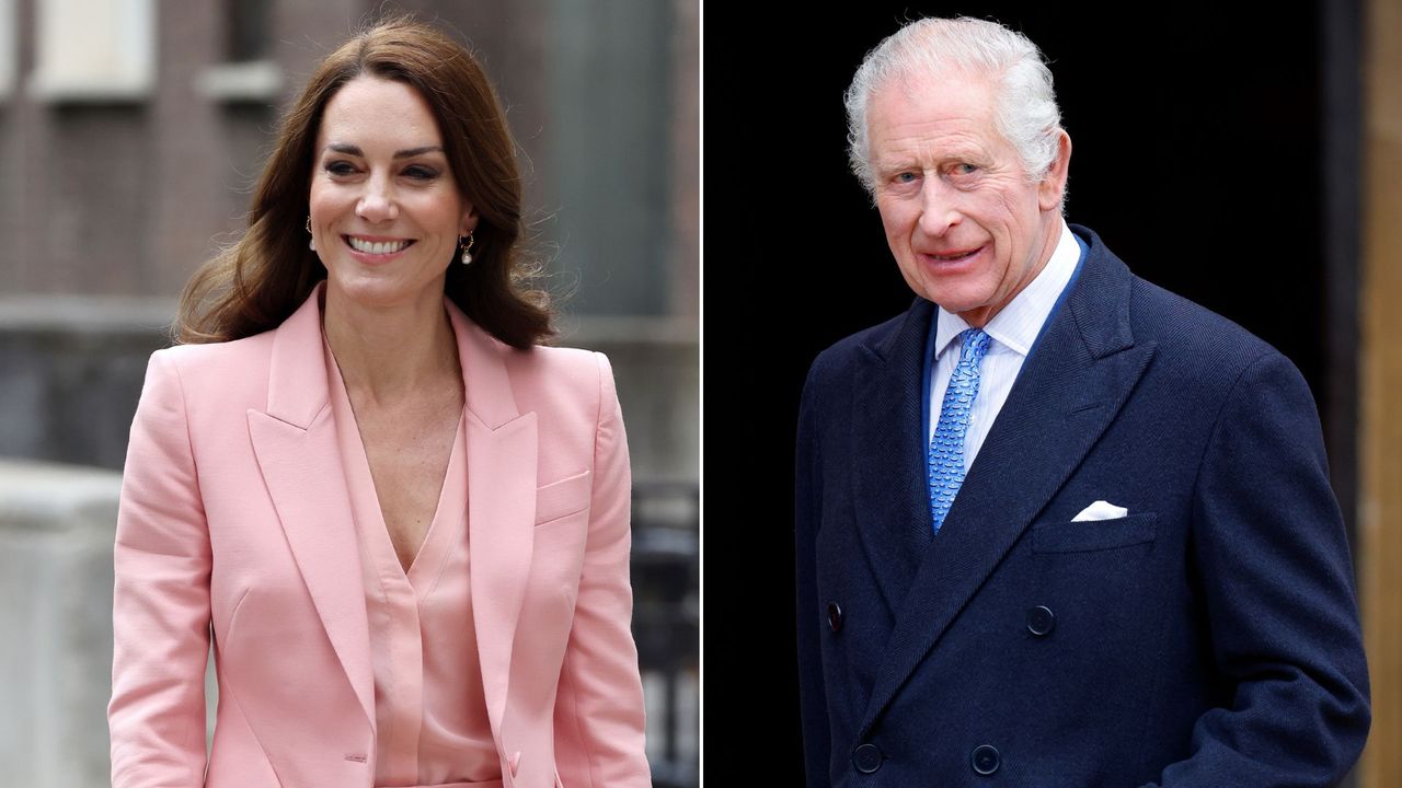 Composite of Kate Middleton at the Foundling Museum in 2023 and King Charles on Easter Sunday in 2024