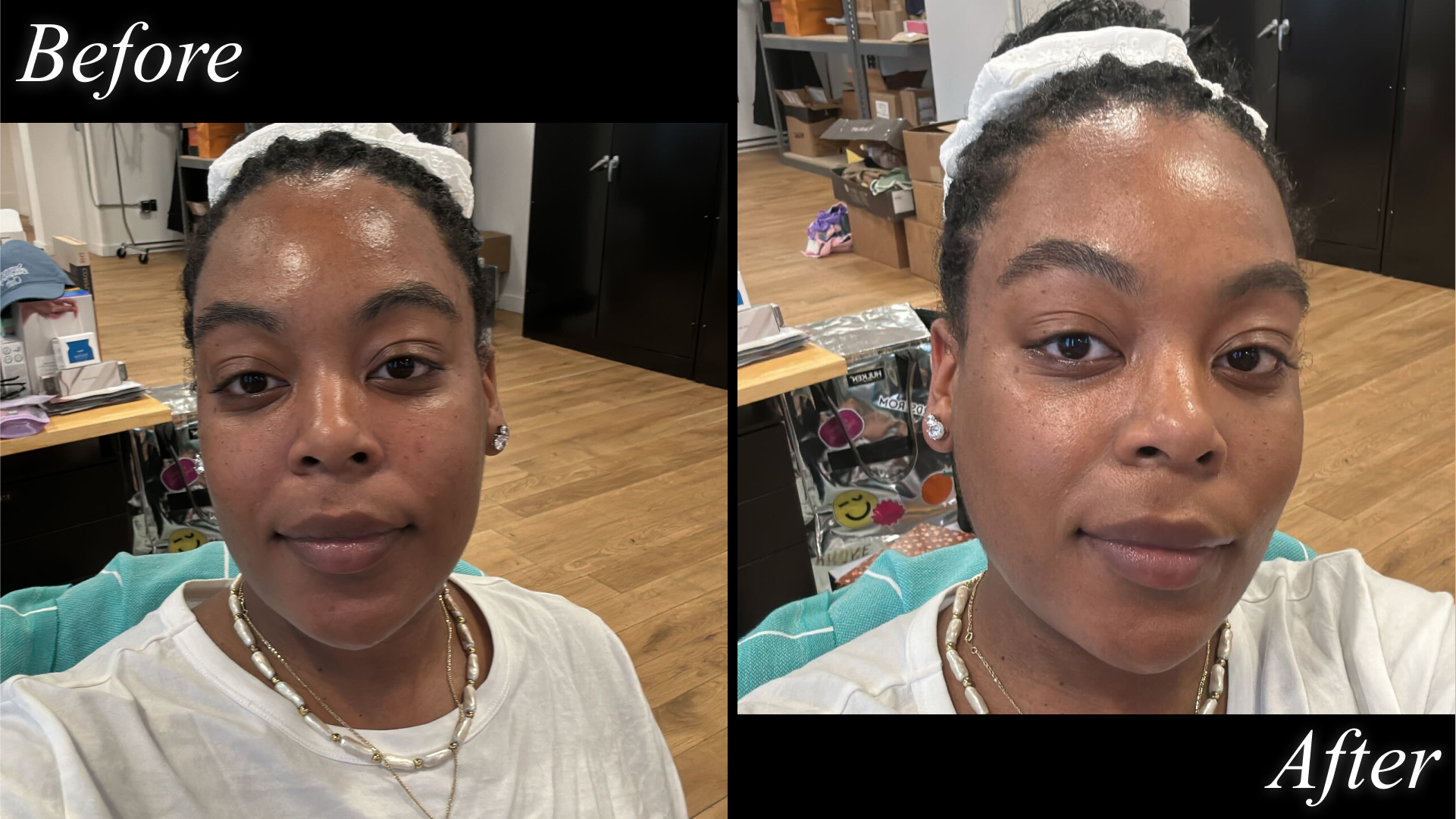 Ariel baker before and after testing m.ph makeup with black border and "before" and "after" text