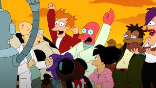 The Planet Express crew cheers with joy outdoors in Futurama.