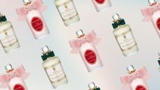 Collage of bottles of the Penhaligon's scents Empressa and The Favourite set at 270 degree angles against an ombre pastel background