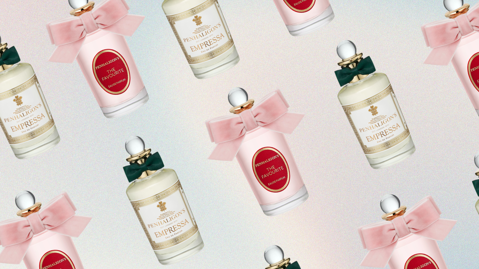 Collage of bottles of the Penhaligon's scents Empressa and The Favourite set at 270 degree angles against an ombre pastel background