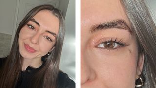 On the left, a picture of Digital Beauty Writer, Sennen Prickett wearing the Urban Decay Moondust eyeshadow in Space Cowboy on the inner corner of her eyes and on the right, a close up of the glitter shadow on her inner eye corner.