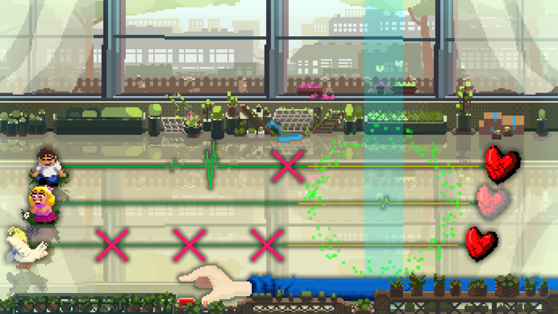 An image of a player pushing a button during a level in the Xbox exclusive game, Rhythm Doctor