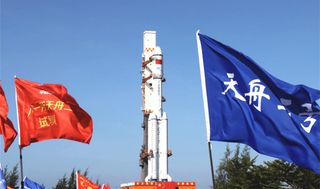 A Chinese Long March 7 rocket carrying the Tianzhou-2 cargo ship rolls out to a pad at the country's Wenchang Satellite Launch Center on Hainan Island.
