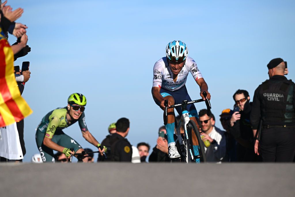 VALL DEBO SPAIN FEBRUARY 03 Santiago Buitrago of Colombia and Team BahrainVictorious crosses the finish line during the 75th Volta a la Comunitat Valenciana 2024 Stage 4 a 1752km stage from Teulada Moraira to Vall dEbo 527m Stage shortened by the organization to 160km on February 03 2024 in Vall dEbo Spain Photo by Dario BelingheriGetty Images